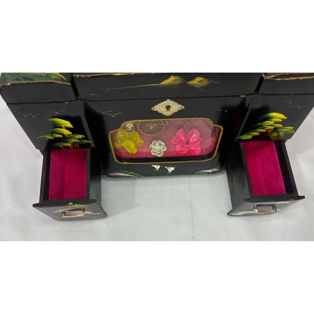 Vintage Japanese Black Lacquer Musical Jewelry Box- Window Diorama